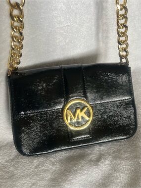 Michael Kors Black Patent Leather Mini Crossbody Bag Gold Chain